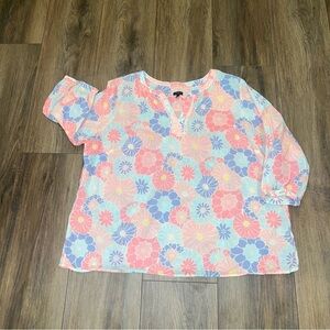TALBOTS Women’s Sz 3X Cotton Pintuck Popover Blouse Top Shirt 3/4 Sleeve Floral